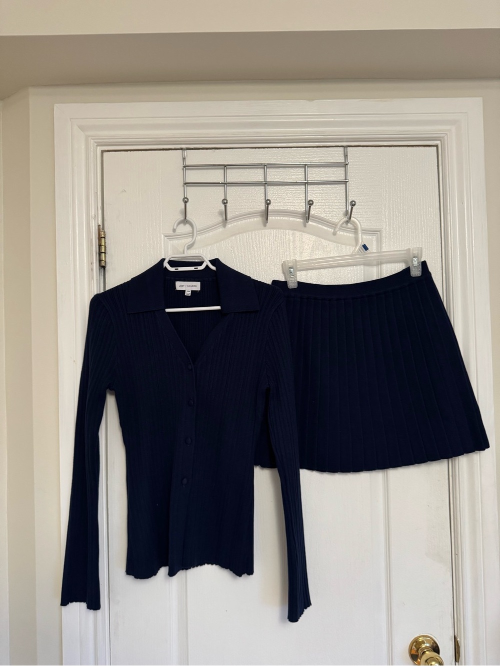 Dark Navy Ribbed Button-Up Top and Pleated Mini Skirt Set